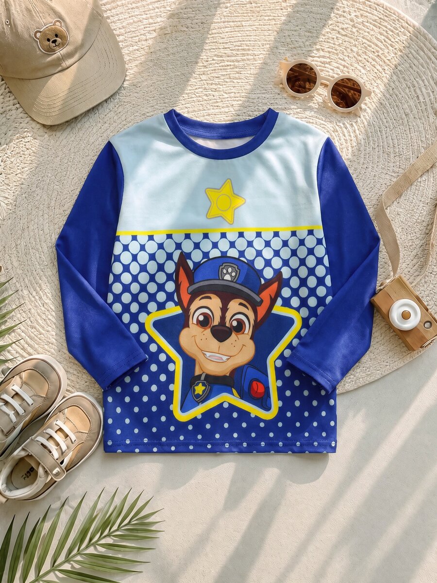 Maija Kids SHEIN | PAW Patrol Maija Kids 兒童小男孩波點卡通印花休閒日常長袖T恤 秋季 - 藍白色 - 查看 1