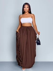 SOLERSUN Women Plus Size Chocolate Brown Pleated Drawstring Waist Casual Loose Skirt  Large Pockets,Fall Winter Boho Holiday Versatile Skirt For All Seasons - Brown - View 3