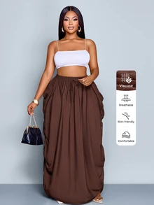 SOLERSUN Women Plus Size Chocolate Brown Pleated Drawstring Waist Casual Loose Skirt  Large Pockets,Fall Winter Boho Holiday Versatile Skirt For All Seasons - Brown - View 4