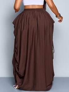 SOLERSUN Women Plus Size Chocolate Brown Pleated Drawstring Waist Casual Loose Skirt  Large Pockets,Fall Winter Boho Holiday Versatile Skirt For All Seasons - Brown - View 2