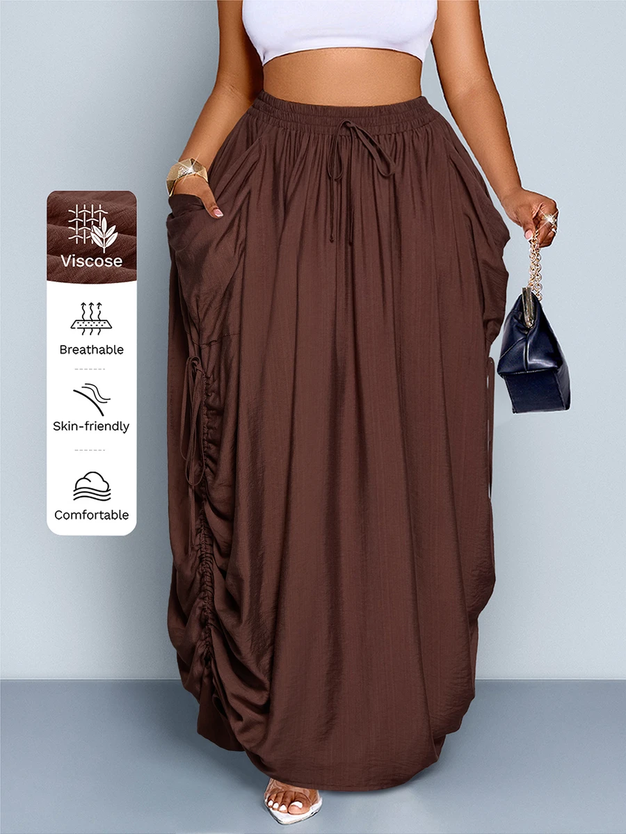 SOLERSUN Women Plus Size Chocolate Brown Pleated Drawstring Waist Casual Loose Skirt  Large Pockets,Fall Winter Boho Holiday Versatile Skirt For All Seasons - Brown - View 1