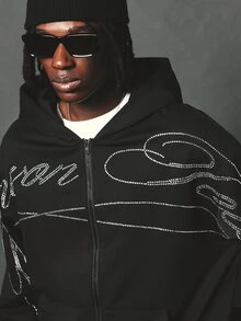 SUMWON Oversized Full-Zip Hoodie With Rhinestone Script Graphic Embellishment On Chest And Sleeves Hooded Sweatshirt Fall Winter - Black - View 2