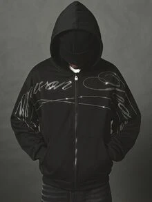 SUMWON Oversized Full-Zip Hoodie With Rhinestone Script Graphic Embellishment On Chest And Sleeves Hooded Sweatshirt Fall Winter - Black - View 1