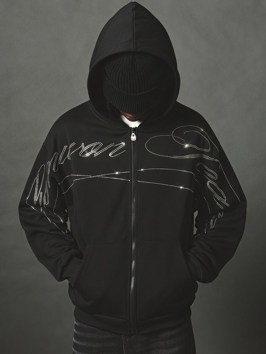 SUMWON Oversized Full-Zip Hoodie With Rhinestone Script Graphic Embellishment On Chest And Sleeves Hooded Sweatshirt Fall Winter - Black - View 1