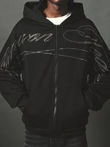 SUMWON Oversized Full-Zip Hoodie With Rhinestone Script Graphic Embellishment On Chest And Sleeves Hooded Sweatshirt Fall Winter - Black - View 6