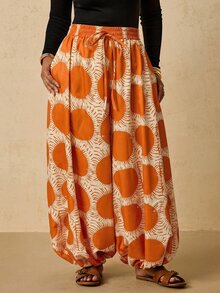 Travachic Plus Size Women's Sun Print Waist Tie Loose Cuffed Long Pants Fall - Multicolor - View 3