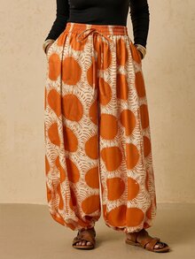 Travachic Plus Size Women's Sun Print Waist Tie Loose Cuffed Long Pants Fall - Multicolor - View 7