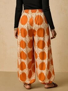 Travachic Plus Size Women's Sun Print Waist Tie Loose Cuffed Long Pants Fall - Multicolor - View 2