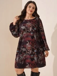 SHEIN LUNE 大尺碼花卉滿版印花短款圓領長袖洋裝 秋季服飾 婚禮賓客派對 1960年代優雅 1920年代 - 咖啡棕 - 查看 1