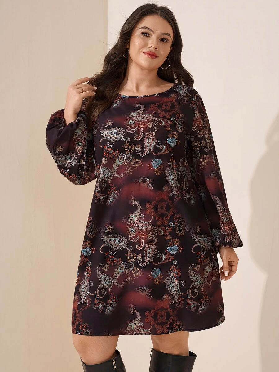 SHEIN LUNE 大尺碼花卉滿版印花短款圓領長袖洋裝 秋季服飾 婚禮賓客派對 1960年代優雅 1920年代 - 咖啡棕 - 查看 1
