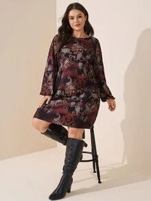 SHEIN LUNE 大尺碼花卉滿版印花短款圓領長袖洋裝 秋季服飾 婚禮賓客派對 1960年代優雅 1920年代 - 咖啡棕 - 查看 2