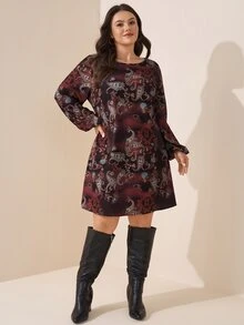 SHEIN LUNE 大尺碼花卉滿版印花短款圓領長袖洋裝 秋季服飾 婚禮賓客派對 1960年代優雅 1920年代 - 咖啡棕 - 查看 4