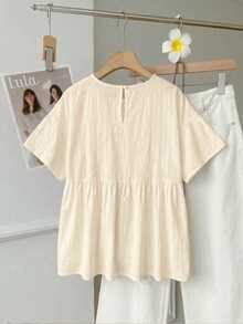 SHEIN EZwear 100%純棉杏色亞麻編織女款襯衫，夏季上衣，適合日常通勤、約會、聚會，秋冬/夏季，聖誕節、新年、感恩節、派對、婚禮、海灘、畢業典禮，時尚優雅休閒，適合出遊、約會、通勤，亮麗，情人節，度假 - 杏色 - 查看 2