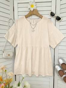 SHEIN EZwear 100%純棉杏色亞麻編織女款襯衫，夏季上衣，適合日常通勤、約會、聚會，秋冬/夏季，聖誕節、新年、感恩節、派對、婚禮、海灘、畢業典禮，時尚優雅休閒，適合出遊、約會、通勤，亮麗，情人節，度假 - 杏色 - 查看 6