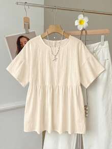 SHEIN EZwear 100%純棉杏色亞麻編織女款襯衫，夏季上衣，適合日常通勤、約會、聚會，秋冬/夏季，聖誕節、新年、感恩節、派對、婚禮、海灘、畢業典禮，時尚優雅休閒，適合出遊、約會、通勤，亮麗，情人節，度假 - 杏色 - 查看 4