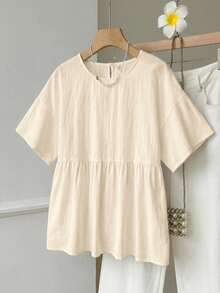 SHEIN EZwear 100%純棉杏色亞麻編織女款襯衫，夏季上衣，適合日常通勤、約會、聚會，秋冬/夏季，聖誕節、新年、感恩節、派對、婚禮、海灘、畢業典禮，時尚優雅休閒，適合出遊、約會、通勤，亮麗，情人節，度假 - 杏色 - 查看 5