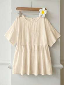 SHEIN EZwear 100%純棉杏色亞麻編織女款襯衫，夏季上衣，適合日常通勤、約會、聚會，秋冬/夏季，聖誕節、新年、感恩節、派對、婚禮、海灘、畢業典禮，時尚優雅休閒，適合出遊、約會、通勤，亮麗，情人節，度假 - 杏色 - 查看 3