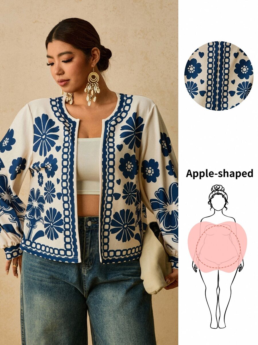 Travachic Plus Size Autumn Casual Floral Print Jacket Fall Rodeo - Blue and White - View 1