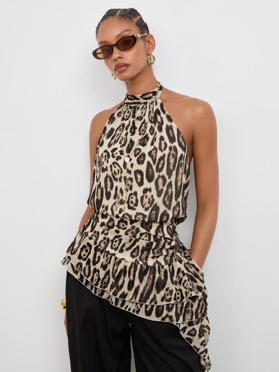 Maija Women's Sexy Leopard Print Halter Neck Tank Top With Ribbon Ties For Vacation,Going Out Outfits, Work Outfits For Women,Fall Clothes
