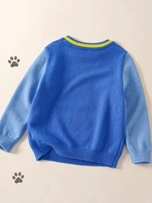 Maija Kids SHEIN | PAW Patrol Maija Kids 兒童小男孩圓領寬鬆長袖套頭秋季毛衣，卡通圖案，藍色拼接撞色，適合休閒日常穿著 - 藍色 - 查看 5