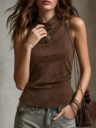 Breezaya Women's Solid Color Stand Collar Pleated Casual Versatile Tank Top