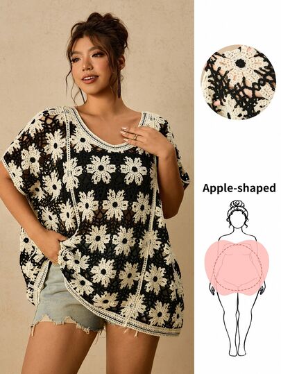 Travachic Plus Size Dames Wateroplosbare Bloemenprint Ronde Hals Vleermuiskorte Mouw Losse Gebreide Top Formeel Vakantie Zwart En Wit Zomer Casual Zachte Vorm