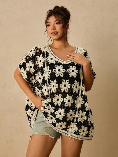 Travachic Plus Size Women's Water-Soluble Floral Print Round Neck Batwing Short Sleeve Loose Knit Top