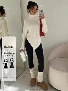 Sinnesro 女款不對稱蝙蝠袖下擺高領毛衣，米白色純色保暖針織衫，休閒早午餐風格，適合秋季小個女款 - 白色 - 查看 2