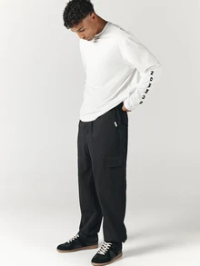 SUMWON Wide Leg Black Cargo Pants With Flap Pockets Relaxed Fit Drawstring Waist Full Length Casual Trousers For Men Fall Winter - Black - View 2