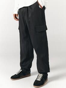 SUMWON Wide Leg Black Cargo Pants With Flap Pockets Relaxed Fit Drawstring Waist Full Length Casual Trousers For Men Fall Winter - Black - View 1