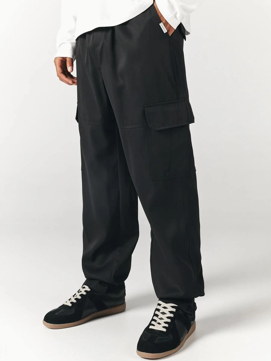 SUMWON Wide Leg Black Cargo Pants With Flap Pockets Relaxed Fit Drawstring Waist Full Length Casual Trousers For Men Fall Winter - Black - View 1