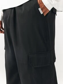SUMWON Wide Leg Black Cargo Pants With Flap Pockets Relaxed Fit Drawstring Waist Full Length Casual Trousers For Men Fall Winter - Black - View 3