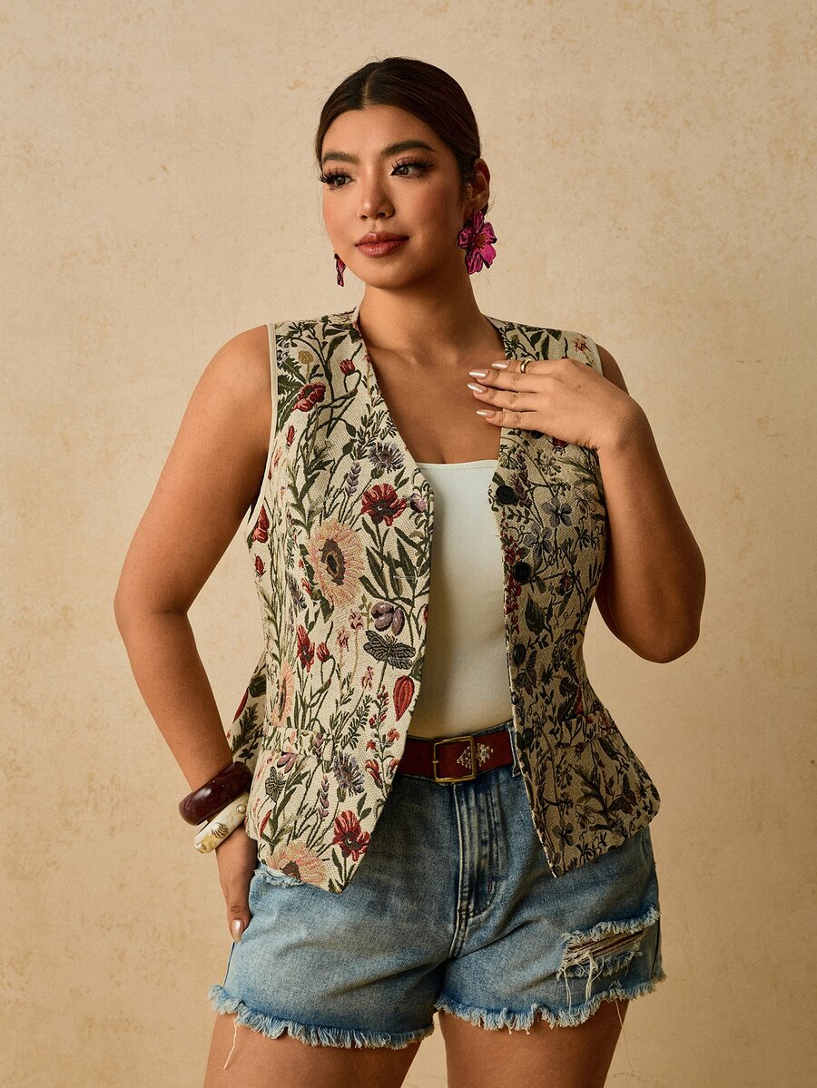 Travachic Plus Size Women's All-Over Print Casual Commute Travel Blazer Vest