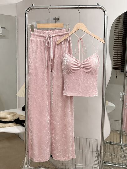 INAWLY Setelan Wanita 2 Potong Seksi Kasual untuk Musim Panas, Terbuat dari Suede Warna Polos dengan Tali Bahu Tipis, Model Camisole Berlipit dan Saku Serut, Saku Lebar