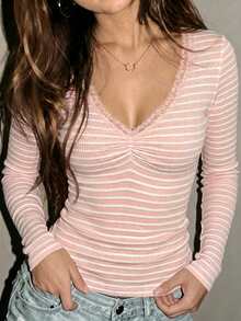 INAWLY Women's New Autumn/Winter Pink Checkered Long Sleeve T-Shirt, Sexy Romantic V-Neck Y2K Retro Textured Fabric Casual Contrast Lace Trim Slim Fit Basic - Pink - View 4