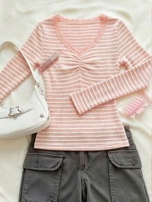 INAWLY Women's New Autumn/Winter Pink Checkered Long Sleeve T-Shirt, Sexy Romantic V-Neck Y2K Retro Textured Fabric Casual Contrast Lace Trim Slim Fit Basic - Pink - View 3