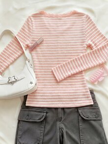 INAWLY Women's New Autumn/Winter Pink Checkered Long Sleeve T-Shirt, Sexy Romantic V-Neck Y2K Retro Textured Fabric Casual Contrast Lace Trim Slim Fit Basic - Pink - View 5