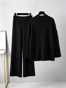 GlowEve CURVE Plus Size Women's Autumn/Winter Fashion Design Side Trim Button High Neck Sweater Pullover Straight Leg Pants Set For Office Dates Elegant Black - Black - View 2