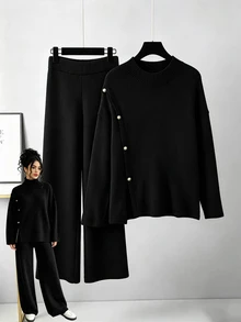 GlowEve CURVE Plus Size Women's Autumn/Winter Fashion Design Side Trim Button High Neck Sweater Pullover Straight Leg Pants Set For Office Dates Elegant Black - Black - View 1