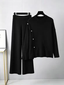 GlowEve CURVE Plus Size Women's Autumn/Winter Fashion Design Side Trim Button High Neck Sweater Pullover Straight Leg Pants Set For Office Dates Elegant Black - Black - View 6
