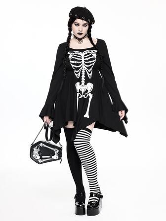 Plus Size Women's Dark Gothic Skull Skeleton Asymmetrical Hem Waist-Cinching Dress