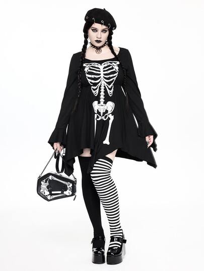 Dunkles Gothic-Kleid Große Größen für Damen mit Totenkopf-Skelett-Muster, asymmetrischem Saum und tailliertem Schnitt