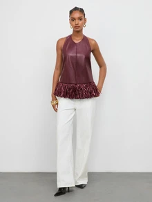 Maija Women's Solid Color PU Leather Halter Neck Top With Tassel Hem,Going Out Outfits, Work Outfits For Women,Fall Clothes - Burgundy - View 3