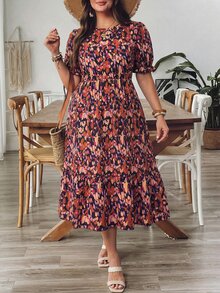 SHEIN VCAY 深紫色波西米亞休閒傳統奇幻風夏季度假長洋裝，泡泡袖、收腰、滿版碎花印花，適合海灘與機場穿著 - 彩色 - 查看 4