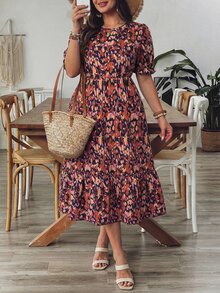 SHEIN VCAY 深紫色波西米亞休閒傳統奇幻風夏季度假長洋裝，泡泡袖、收腰、滿版碎花印花，適合海灘與機場穿著 - 彩色 - 查看 3