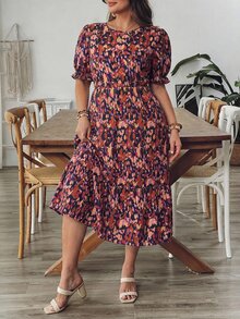 SHEIN VCAY 深紫色波西米亞休閒傳統奇幻風夏季度假長洋裝，泡泡袖、收腰、滿版碎花印花，適合海灘與機場穿著 - 彩色 - 查看 6