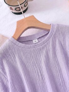 SHEIN LMoss Kids 两件套女童针织纯色圆领宽松T恤和修身短裤套装 - 紫色 - 查看 5