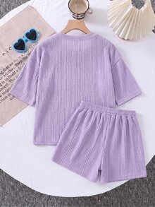 SHEIN LMoss Kids 两件套女童针织纯色圆领宽松T恤和修身短裤套装 - 紫色 - 查看 2