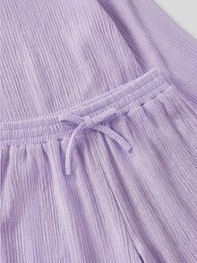 SHEIN LMoss Kids 两件套女童针织纯色圆领宽松T恤和修身短裤套装 - 紫色 - 查看 4