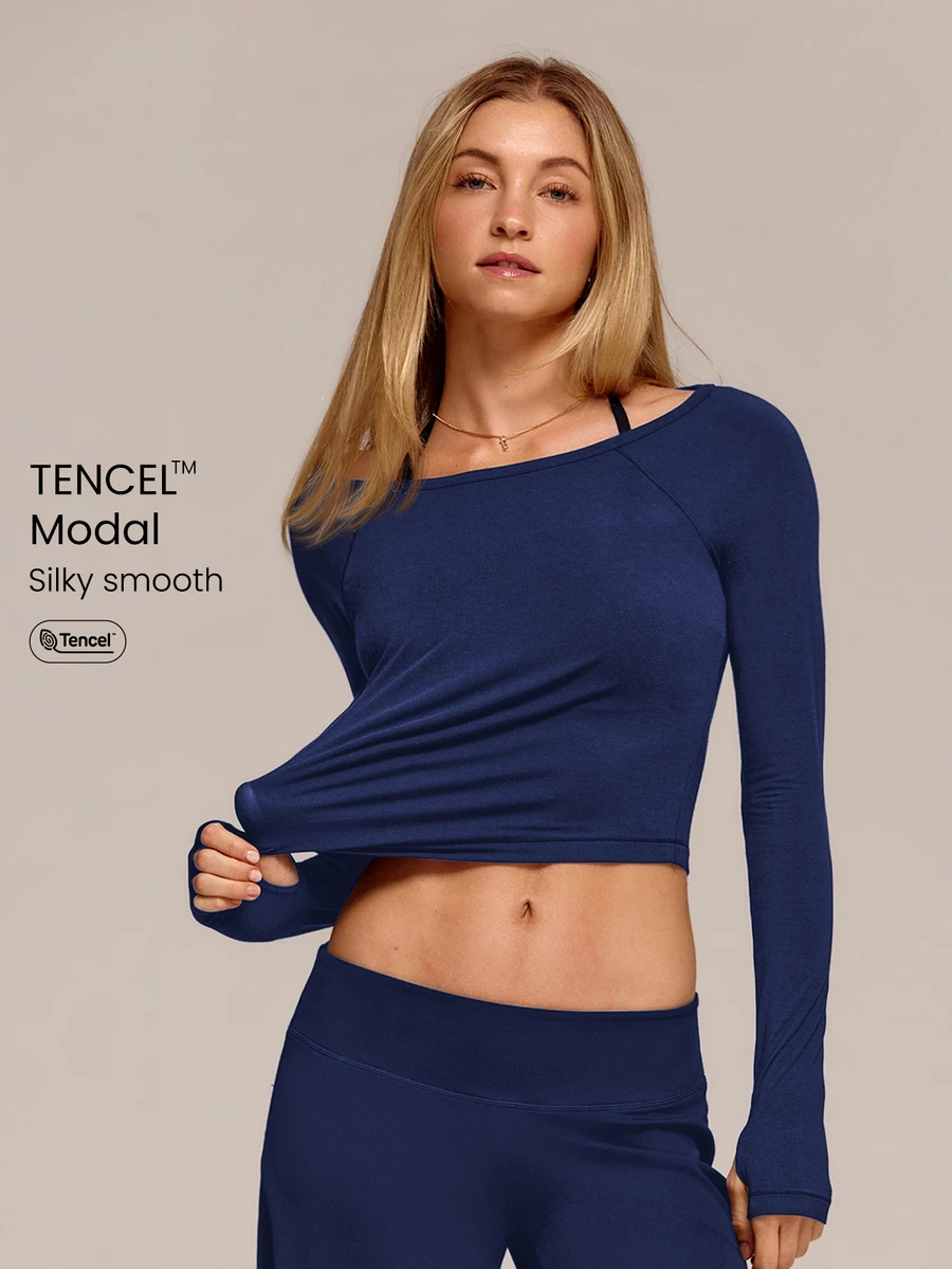 GLOWMODE TENCEL™ Modal 絲滑平滑休閒風一字領露肩長袖上衣,附拇指孔,日常休閒穿著 - Dark Blue - 查看 1